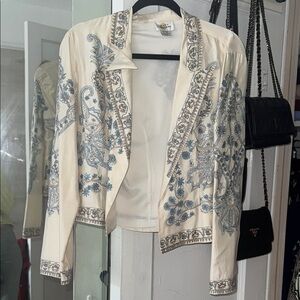 Cream and Blue Embellished Blazer with Ornamental Detailing